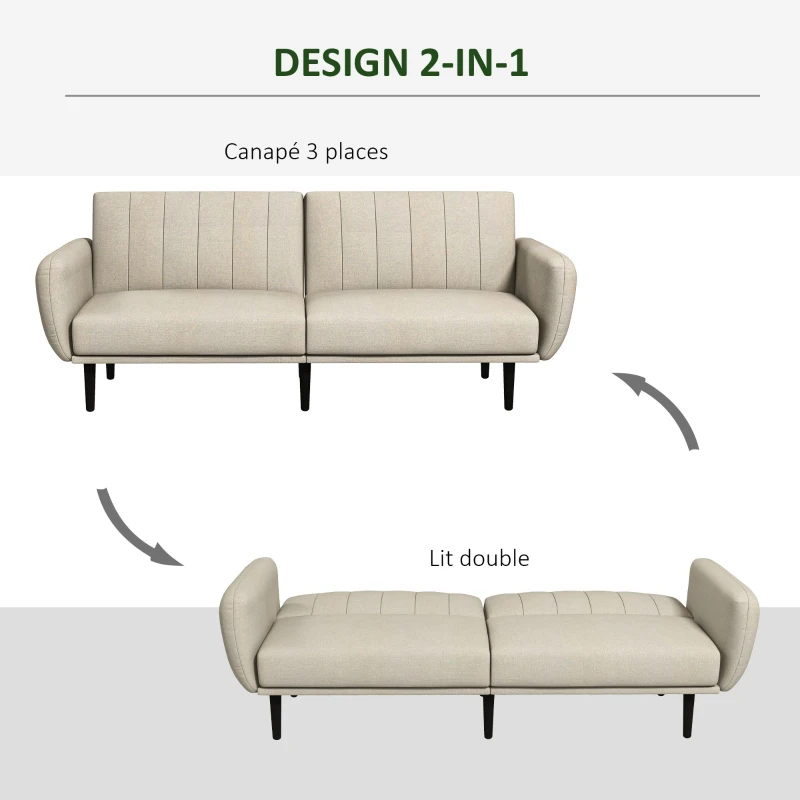 HOMCOM Canapé-lit convertible 3 places dossier inclinable 3 positions pieds bois tissu aspect lin beige