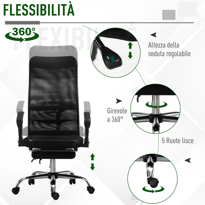 Vinsetto Poltrona da Ufficio Ergonomica, Altezza Regolabile, Reclinabile, Poggiapiedi Estraibile, Supporto Lombare, Nero