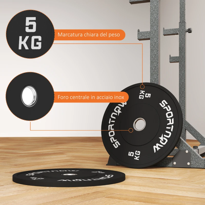 SPORTNOW Set 2 Dischi Pesi da 5kg in Gomma con Foro da 2"/5 cm per Manubri e Bilancieri, Nero