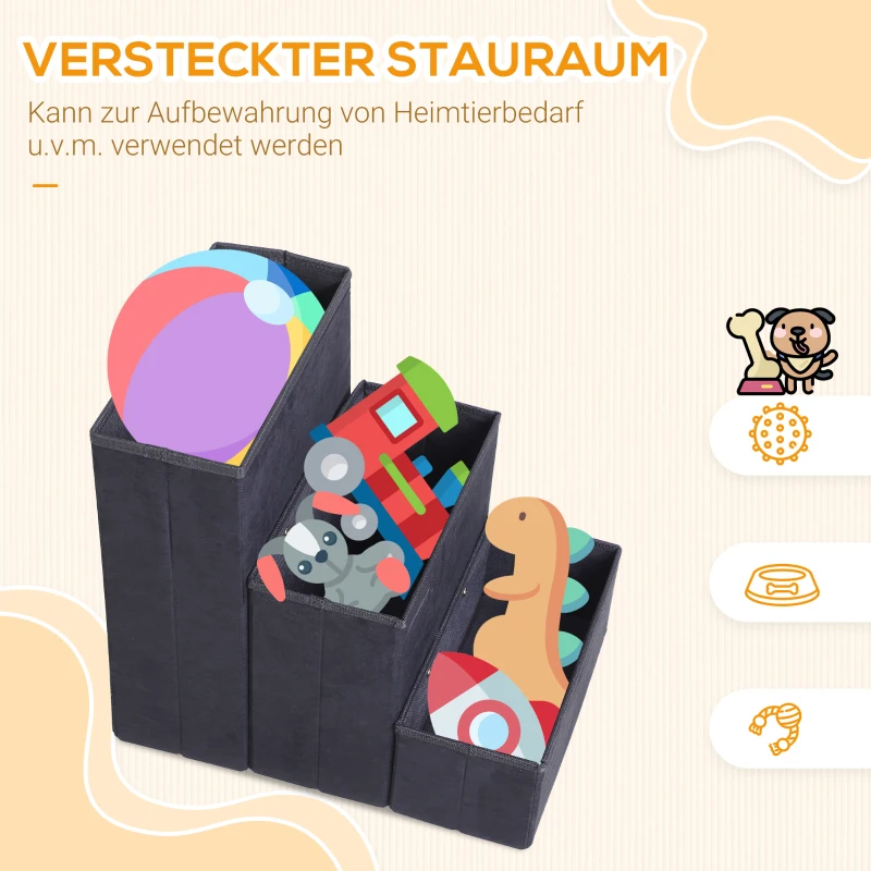 PawHut Haustiertreppe Katzentreppe Hundetreppe Faltbar 3 Stufen Tiertreppe mit Stauraum für Katzen und Hunde MDF Schwarz 40 x 54 x 48 cm