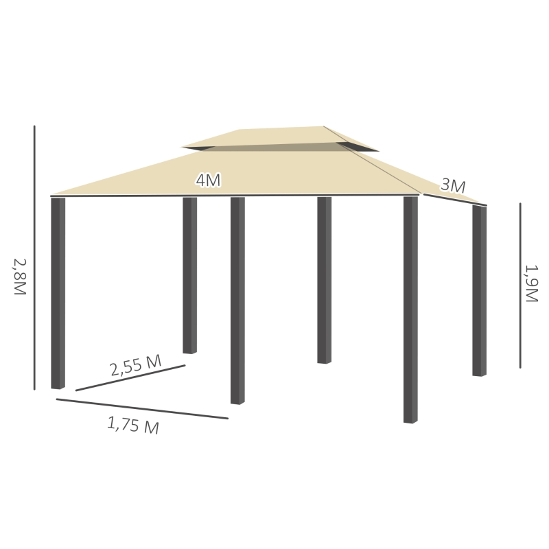 Outsunny Pavillon 3x4m Gartenpavillon mit 6 Seitenteilen Partyzelt Gartenzelt Festzelt mit Doppeldach Beige+Schwarz