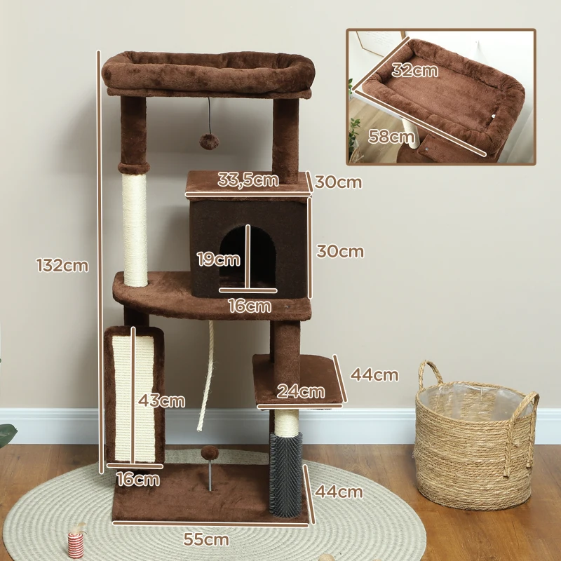 PawHut Árbol Rascador para Gatos 132 cm con Plataformas Poste con Cepillo Bolas Colgantes y Almohadilla para Rascar Marrón
