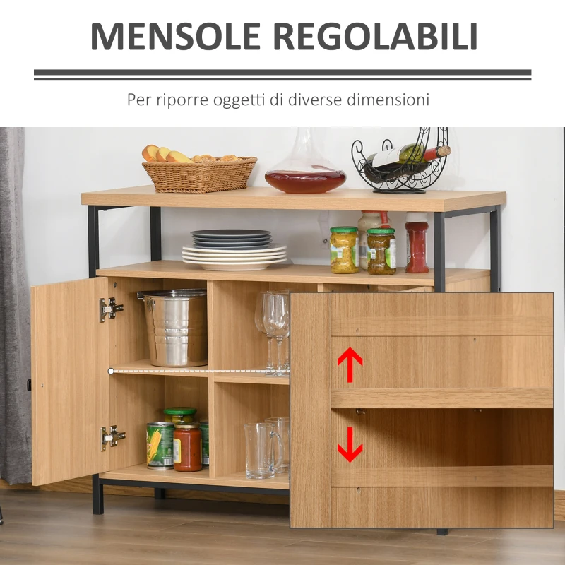 HOMCOM Credenza Moderna con 2 Ante e Vani Aperti, Mobile Consolle Multiuso in MDF e Metallo, 100x35x80cm, Rovere