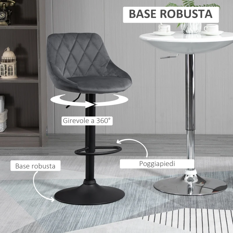 HOMCOM Set 2 Sgabelli da Bar con Altezza Regolabile, Base in Metallo e Seduta Finta Pelle, Sgabelli Alti Moderni Girevoli con Schienale e Poggiapiedi 46x48x83-104cm, Grigio e Nero