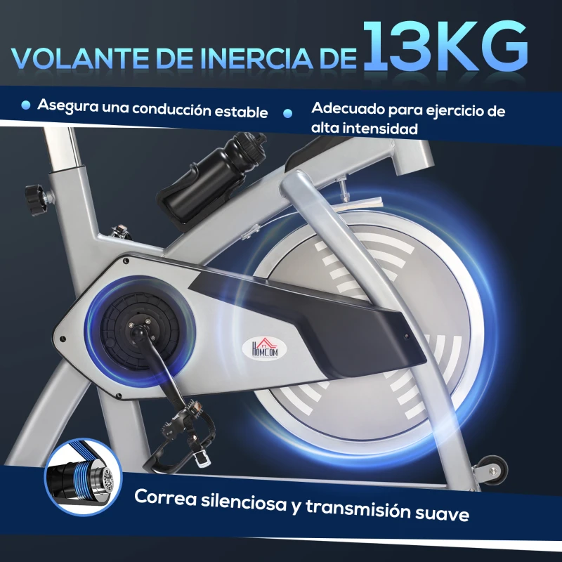 HOMCOM Bicicleta Estática Volante de Inercia de 13 kg Ciclo Indoor con Sillín Ajustable Resistencia Manillar Regulables Pantalla LCD con Pulsómetro 96x50x107 cm Acero Plata