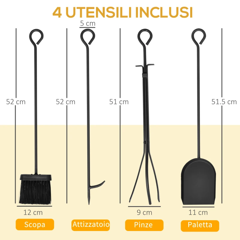 HOMCOM Portalegna Rialzato per Camino in Acciaio Antiruggine, Porta Legna da Interni ed Esterni, 4 Attrezzi Inclusi, 75x30x60cm