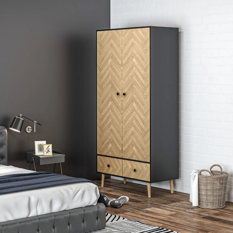 HOMCOM Modern Wardrobe Cabinet Wood Grain Sticker Surface with Shelf, Hanging Rod and 2 Drawers 90x50x190cm