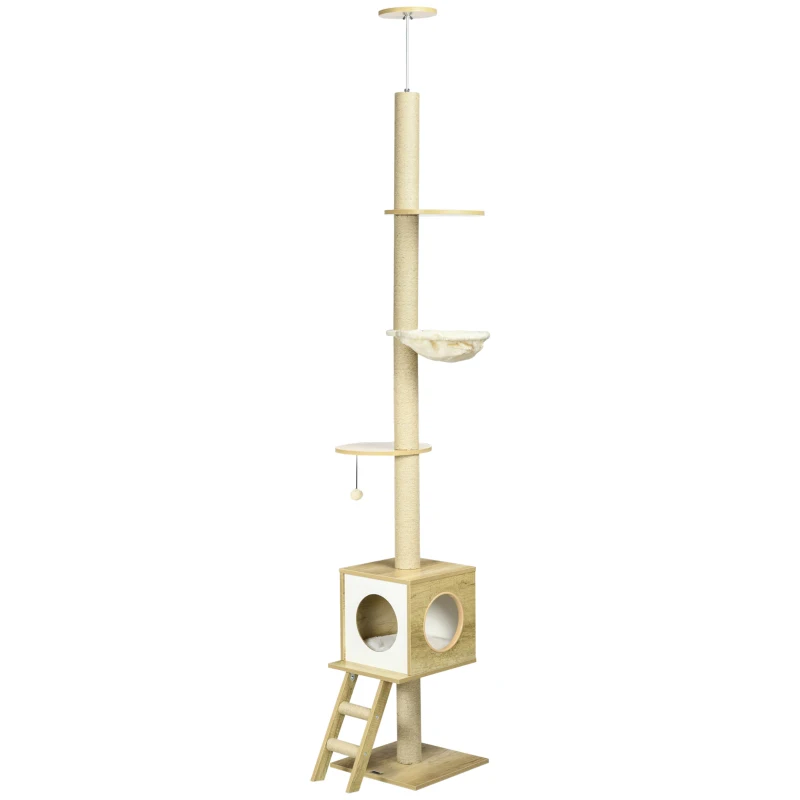 PawHut Kratzbaum, deckenhoch, Katzenhaus, zwei Plattformen, Hängematte, Kippschutz, hellbraun+beige, 40 x 40 x 260 cm