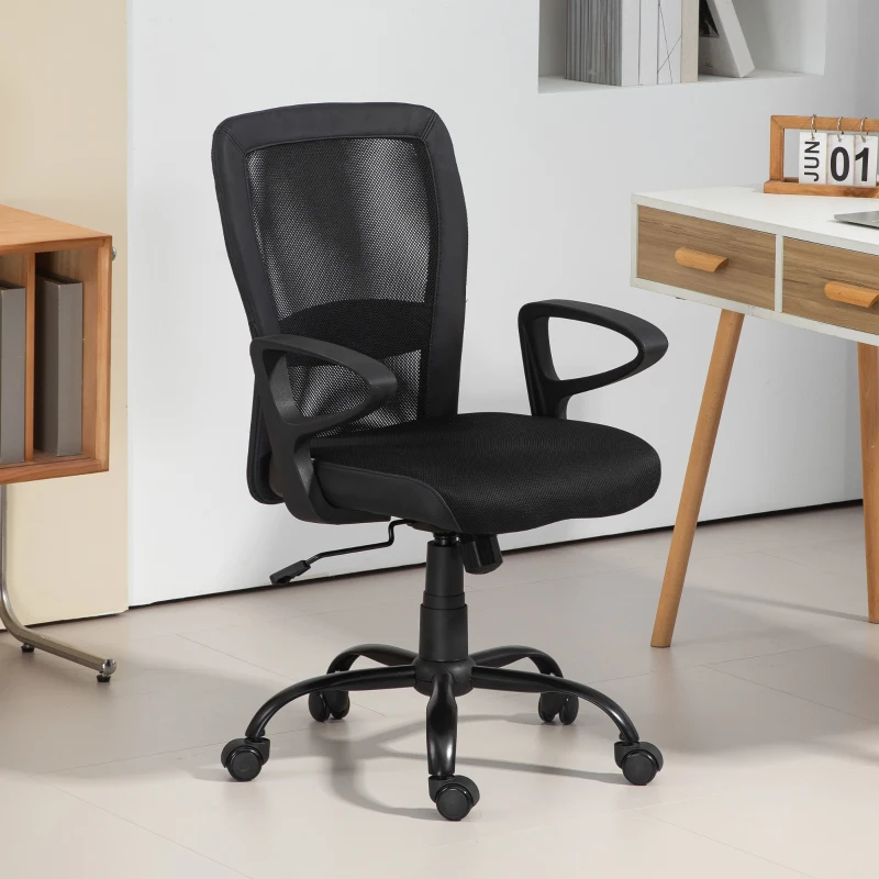 HOMCOM Sedia da Ufficio con Altezza Regolabile e Tessuto a Rete, Seduta Girevole e Inclinazione, Nero