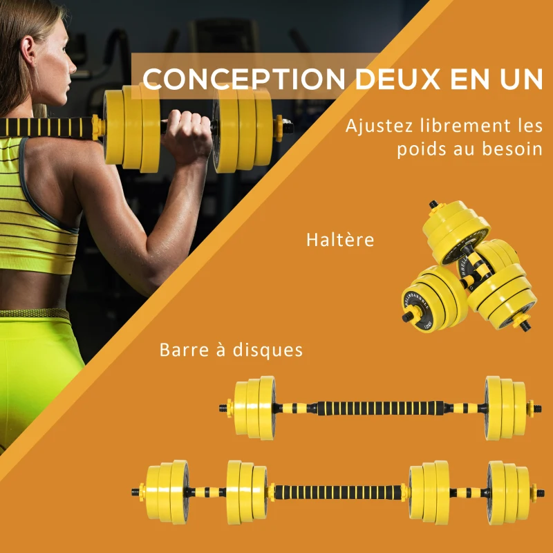 HOMCOM Banc de musculation Fitness banc d'haltérophilie dossier réglable + Ensemble d'haltères courtes ou longues 20 Kg barre d'extension incluse entraînement musculaire & haltérophilie