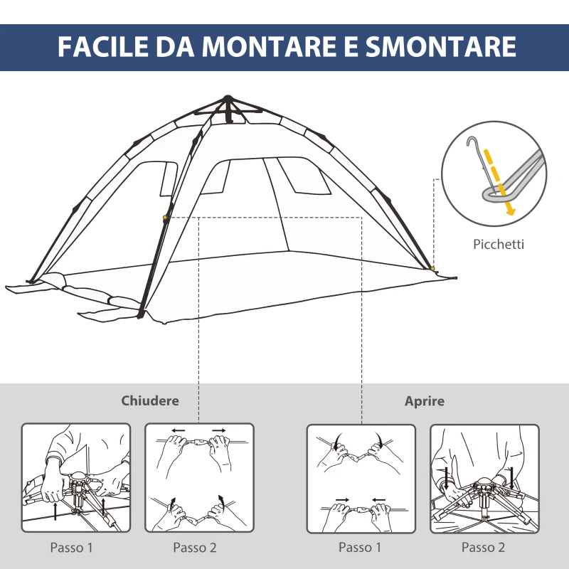 Outsunny Tenda da Spiaggia Pop Up per 2 Persone con Finestre, in Fibra di Vetro e Poliestere, 220x173x120 cm, Blu Giallo