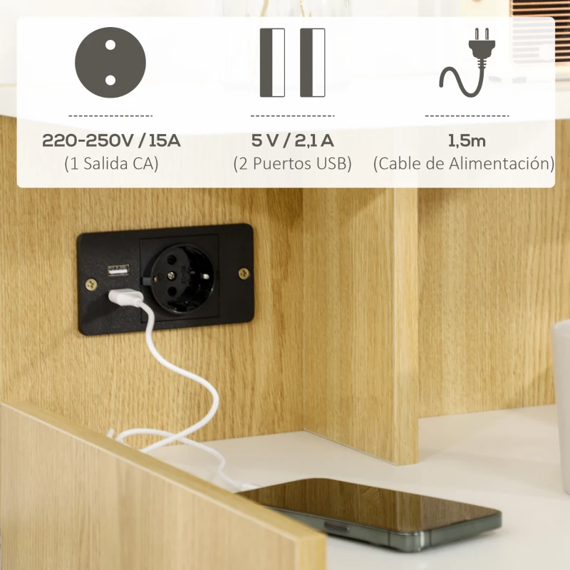 HOMCOM Mesilla de Noche con Puertos USB Toma de Corriente Cajón y Estantes Mesa de Noche 40x40x60 cm Natural