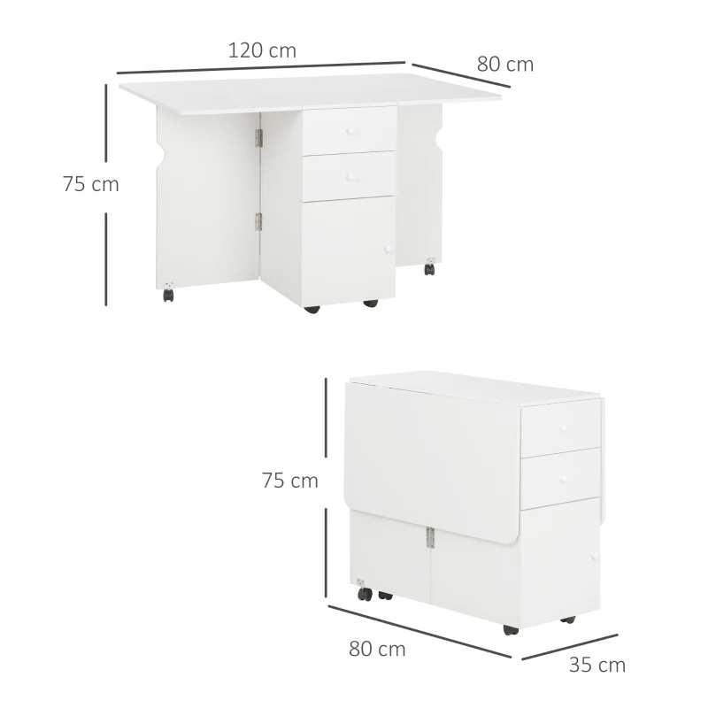 HOMCOM Mesa de Comedor Plegable Alas Abatibles con Ruedas y 2 Cajones Mesa de Cocina Pequeña Estilo Moderno 120x80x75 cm Blanco