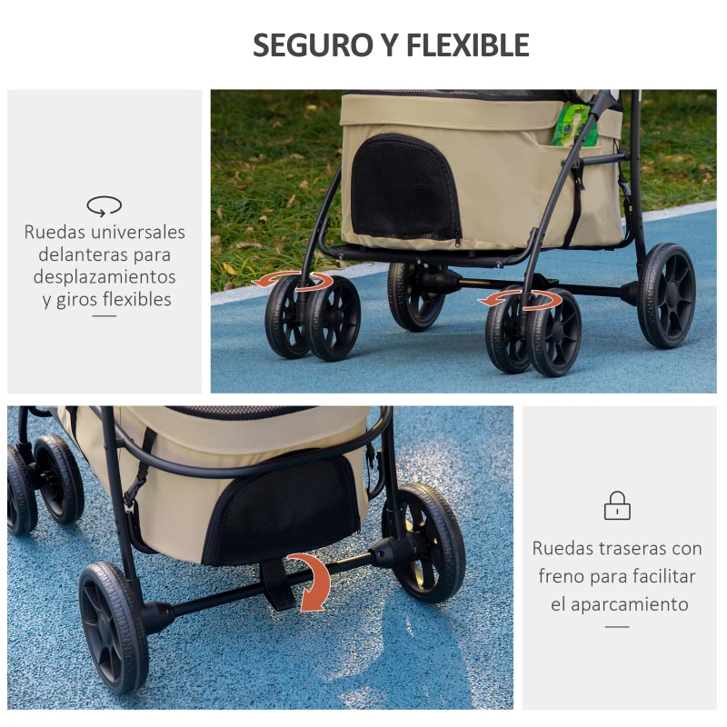 PawHut Carrito para Perros Plegable Cochecito para Mascotas con 2 Correas de Seguridad Cojín y Marco de Acero Caqui