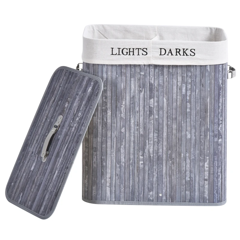 HOMCOM Panier à linge 100L avec 2 bacs bambou pliable couvercle poignée sac amovible en toile gris