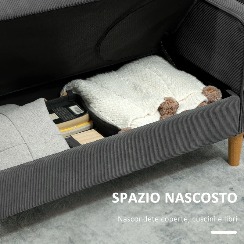 HOMCOM Divano 2 Posti con Spazio Contenitore e 2 Cuscini, in Tessuto Effetto Velluto e Legno, 140x63x79 cm, Grigio