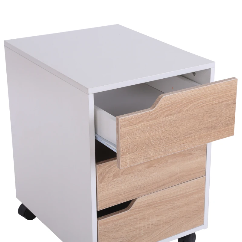 HOMCOM Rollcontainer, Aktenschrank, Bürocontainer mit 3 Schubladen, Büroschrank, Aufbewahrung, Container,4 Universalräder, MDF, Natur+Weiß, 40 x 50 x 57,5 cm