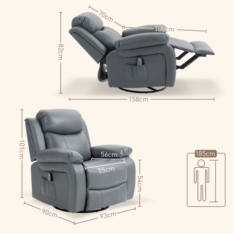 HOMCOM Massagesessel, Wipp- & Liegefunktion, drehbar, bis 150 kg, Kunstleder, Grau(m-3)