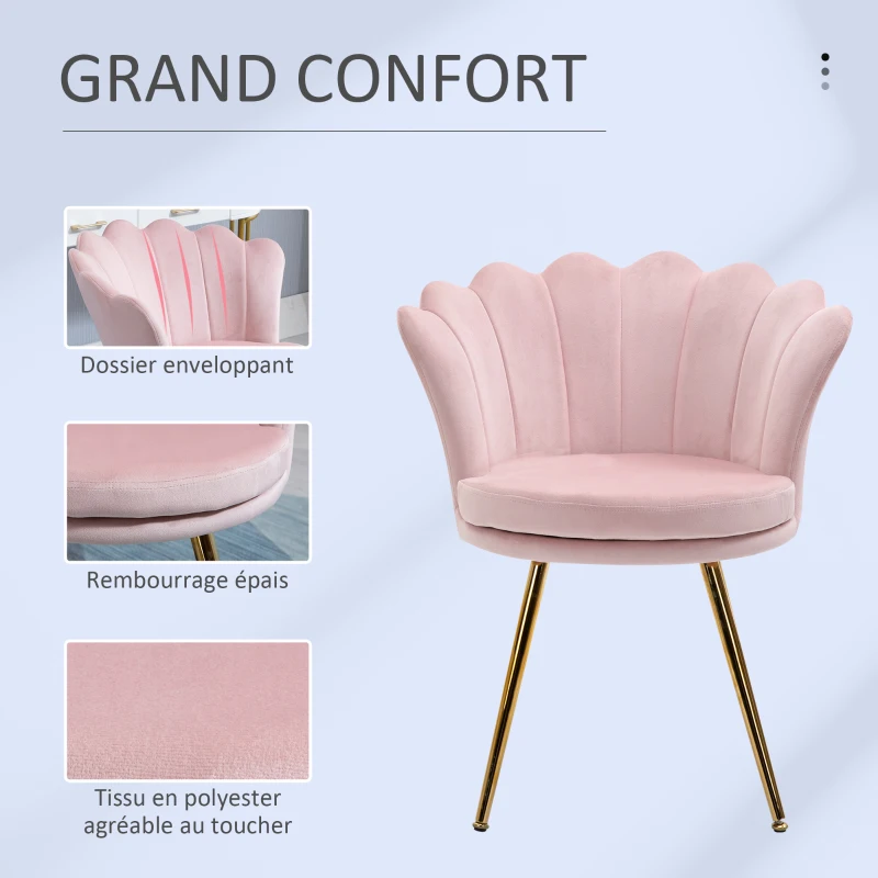 HOMCOM Lot de 2 fauteuil coquillage Fauteuil rose Fauteuil de salon Chaise en velours pieds métal dorés effilés dim. 67l x 64P x 77H cm rose
