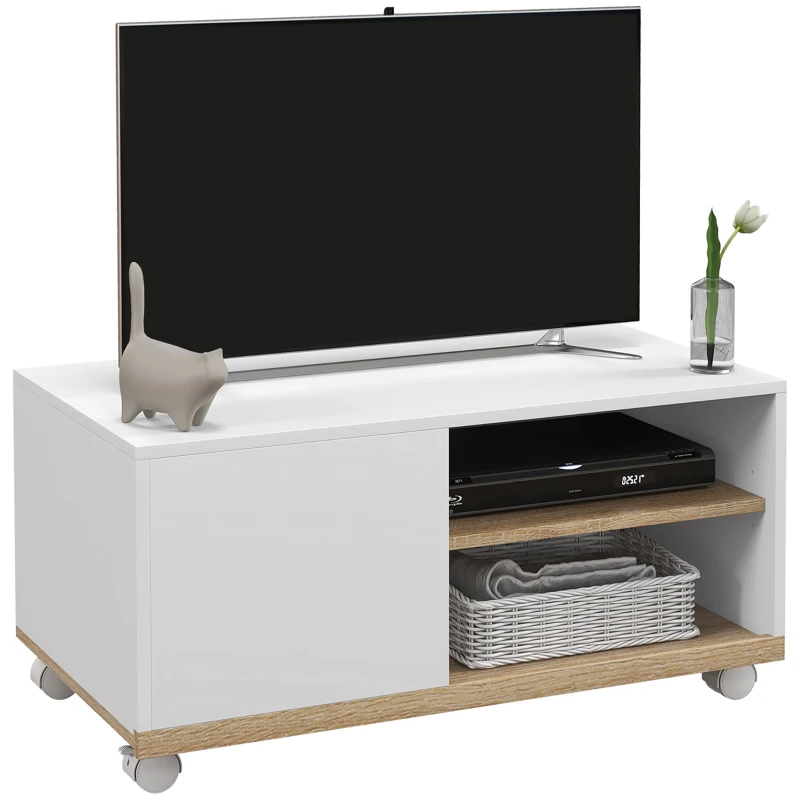 HOMCOM Meuble TV sur roulettes avec 2 Freins - 2 niches + Placard Porte 2 Passe-Fil - en bois Blanc chêne Clair