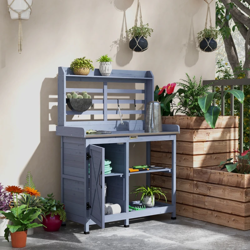 Outsunny Gartentisch mit Schrankfach, Aluminium-Arbeitsfläche, Stauraum, 112x47x146cm, Grau