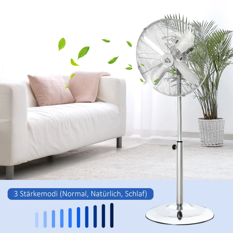 HOMCOM 120 cm Standventilator, Ventilator, Höhenverstellbarer Lüfter, 3 Geschwindigkeitsstufen, Verstellbarer Neigungswinkel, Stahl, Silber