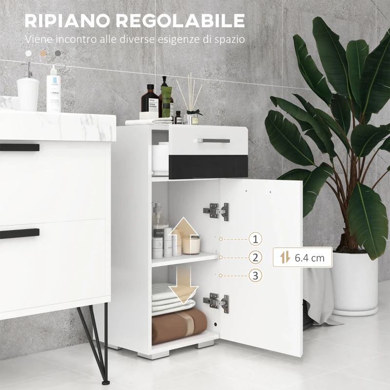 kleankin Mobiletto Bagno in MDF con Cassetto e Armadietto con Ripiano Interno Regolabile, 37x32.5x79 cm, Bianco