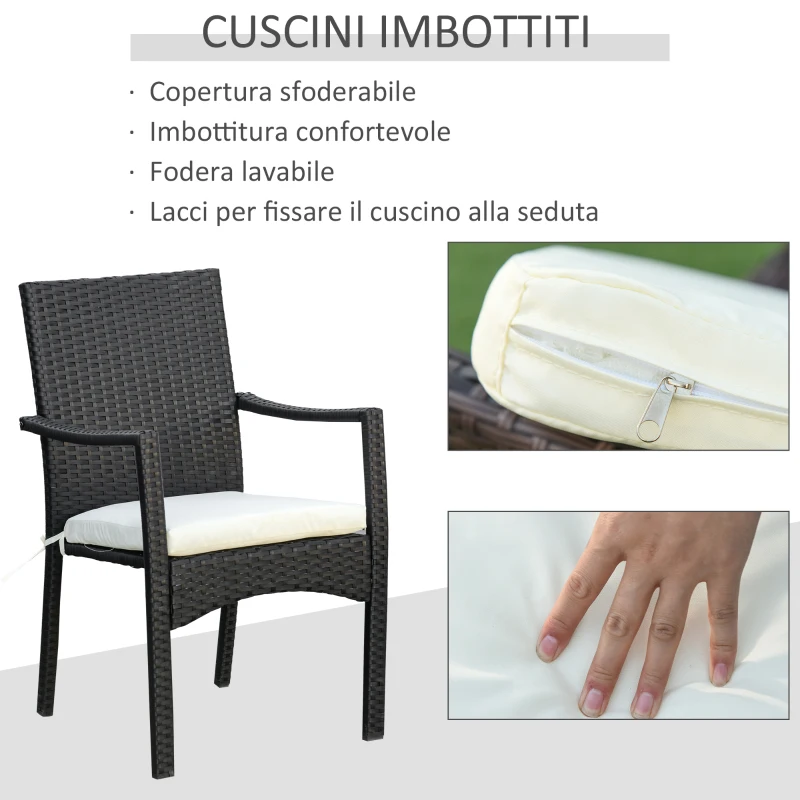 Outsunny Set 4 Sedie da Giardino e Tavolo con Ripiano in Vetro, Arredamento da Esterno in Rattan PE e Metallo, Nero