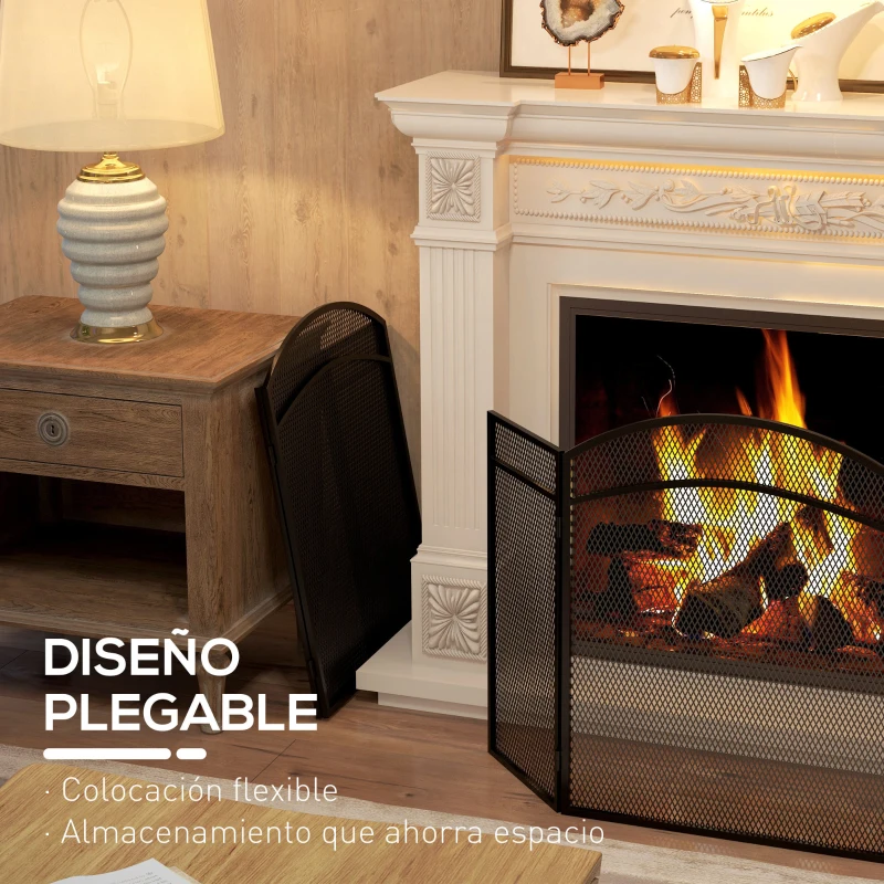 HOMCOM Protector de Chimenea de 3 Paneles Plegable Pantalla de Chimenea con Estructura de Metal 96x60 cm Negro