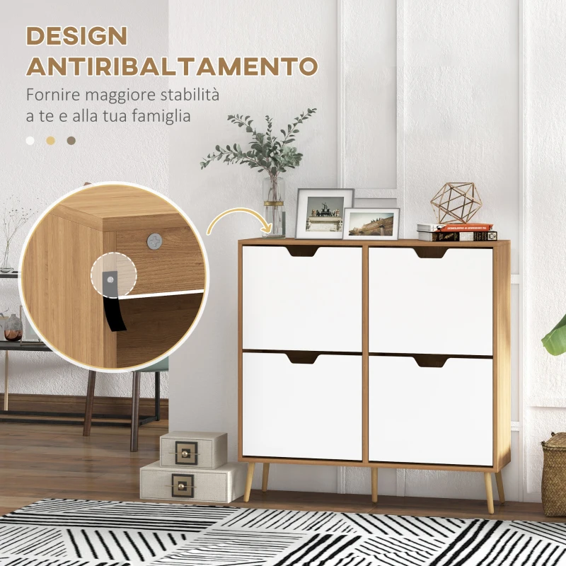 HOMCOM Mobile Scarpiera in Truciolato e Pino con 4 Cassetti e 2 Ripiani Regolabili per ogni Cassetto, 95x26x95 cm