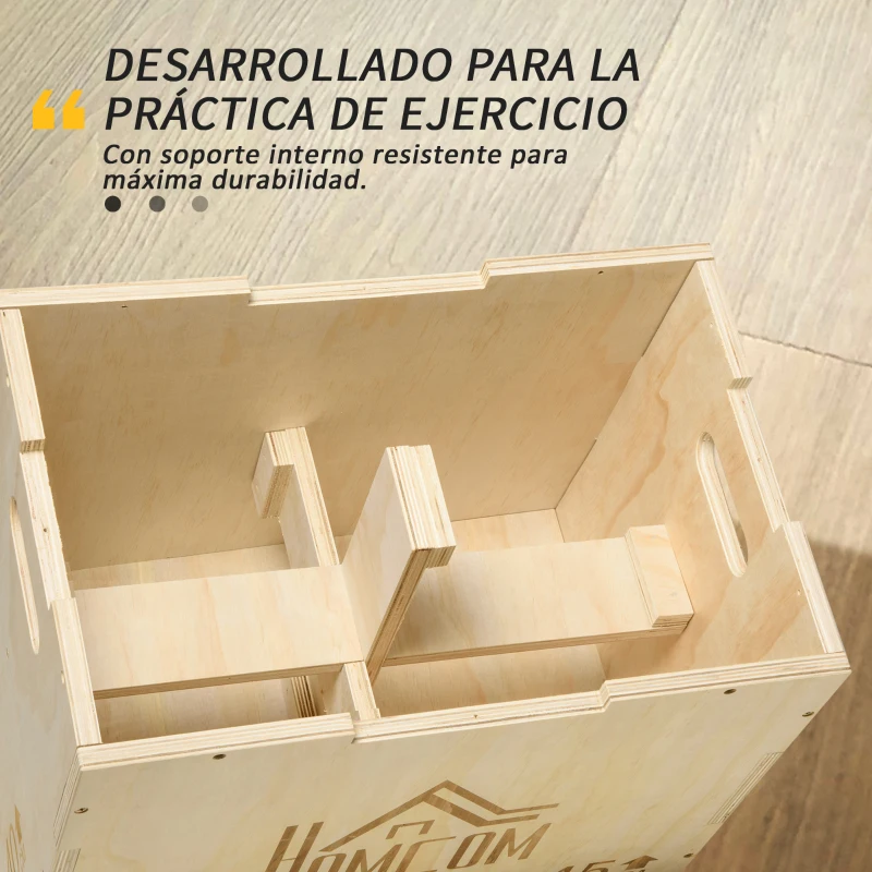 HOMCOM Cajón de Salto de Madera 3 en 1 con 2 Mango Hueco Carga 120 kg para Casa Oficina Gimnasia 45x40x60 cm Madera Natural