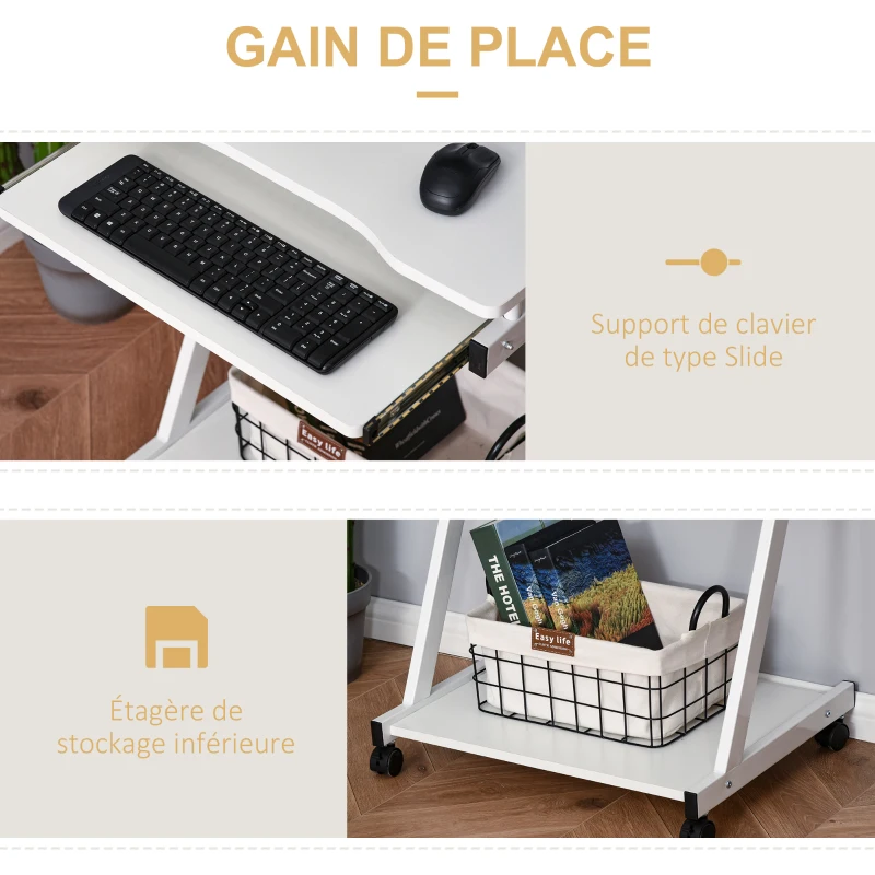 HOMCOM Bureau Informatique Roulant - Bureau Mobile - Table d'ordinateur - Tablette coulissante Clavier + étagère - Blanc
