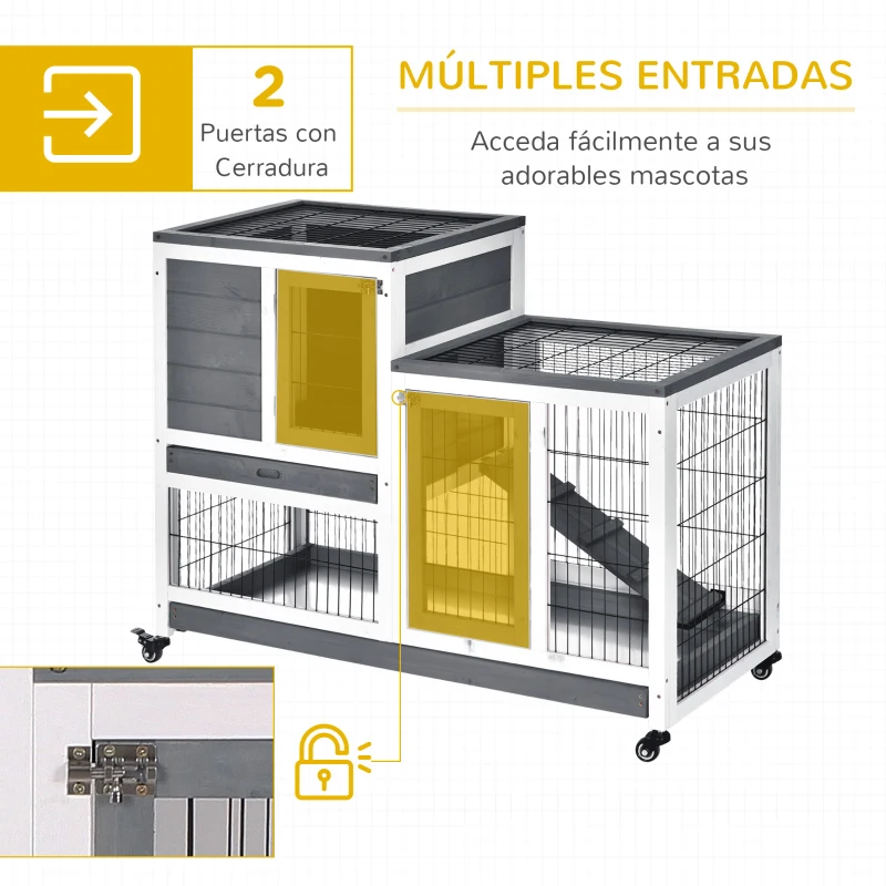 PawHut Conejera de Madera con Ruedas para Interior Jaula de 2 Pisos con Rampa y 2 Bandejas Extraíbles 110x50x88cm Gris