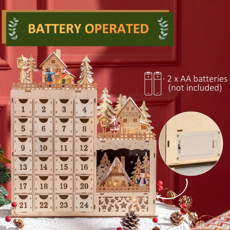 HOMCOM Calendario Avvento di Natale Rettangolare con Motivi a Tema e 12 Luci a LED, 22x9x30 cm, in Compensato, Arancione