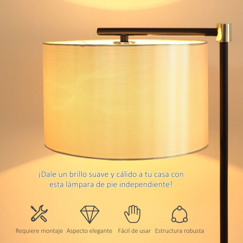 HOMCOM Lámpara de Pie con Pantalla Colgante de Tela E27 Máx. 40W Base de Madera e Interruptor de Pie Lámpara de Suelo para Salón Dormitorio 48x32x152 cm Dorado