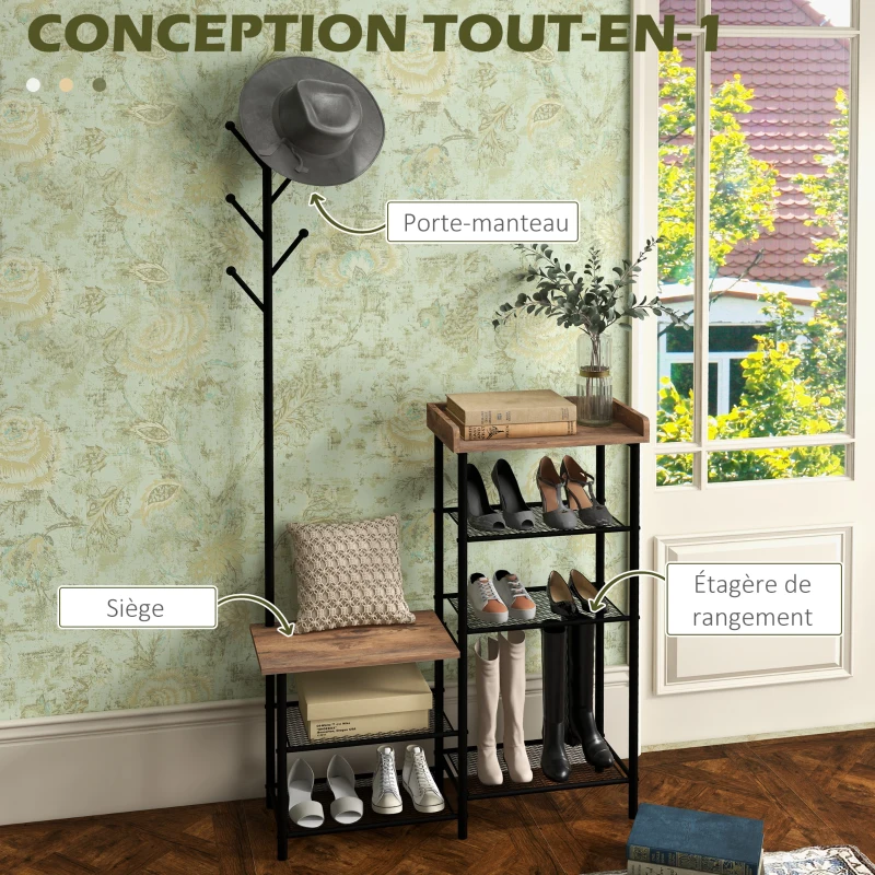 HOMCOM Meuble d'entrée 2 en 1 design industriel porte-manteaux et étagères à chaussures en acier 92,5 x 28,2 x 182 cm noir