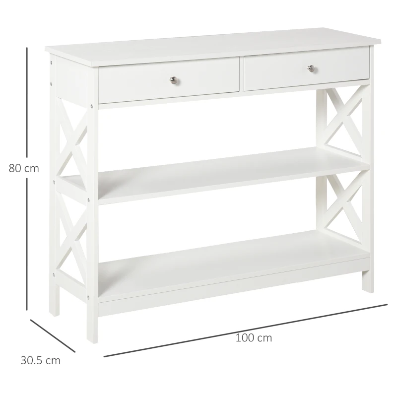 HOMCOM Tavolo Consolle con 2 Cassetti e 2 Mensole, Consolle Ingresso e Soggiorno in MDF, 100x30.5x80cm, Bianco