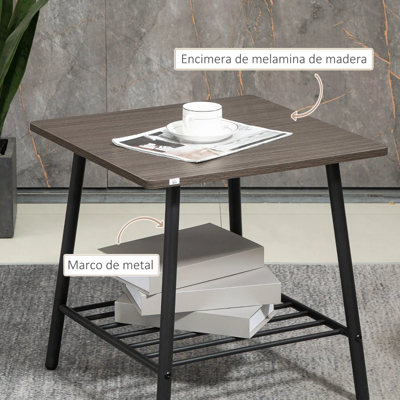 HOMCOM Mesa Auxiliar con Estante Mesita de Salón para Dormitorio Estudio Oficina Estilo Industrial 50x50x50 cm Gris