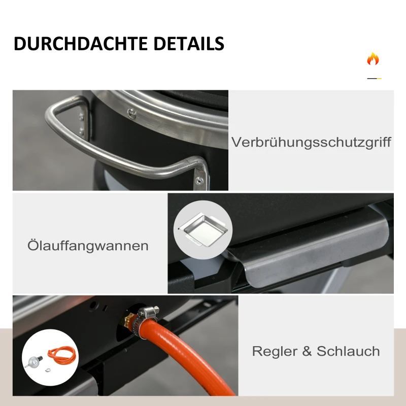 Outsunny Gas Grill BBQ Grillwagen Klappbar mit 2 Brenner Grillnetz Seitenablage Rollen 2,34 kW für Garten Balkon Terrasse Edelstahl Schwarz+Silber 100 x 41,6 x 82,5 cm