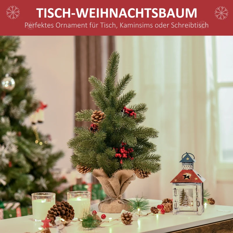 HOMCOM Mini-Weihnachtsbaum Weihnachtsdekoration, inkl. Schmuck, rote Beeren, 50 cm hoch, inkl. Zementsockel, Grün + Mehrfarbig