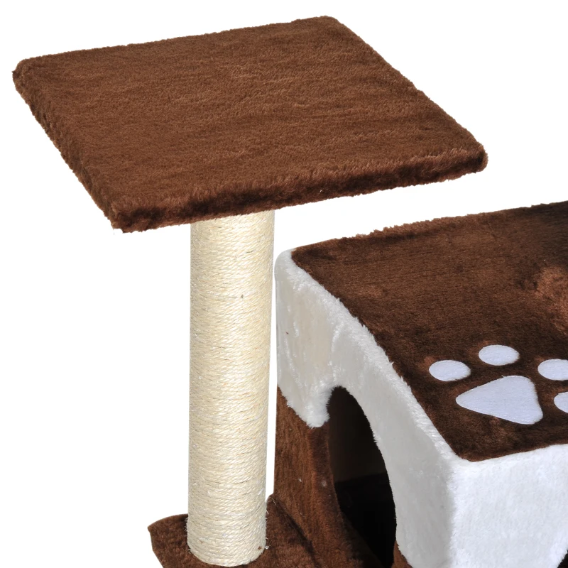 PawHut Arbre à chats avec griffoirs grattoirs sisal naturel centre d'activités niche plate-formes jeu souris suspendue 45L x 33l x70H cm marron blanc