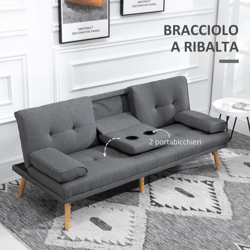 HOMCOM Divano Letto 3 Posti Reclinabile con 2 Braccioli Staccabili, in Tessuto Effetto Lino e Legno di Pioppo, 181x77x78 cm