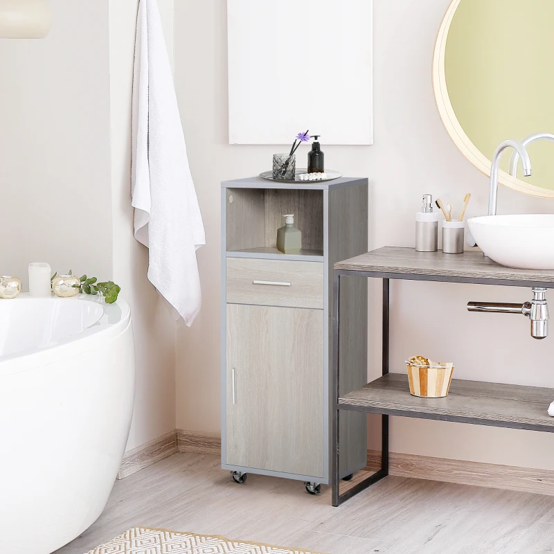 kleankin Armario de Baño con 1 Cajón 1 Puerta y Estante Abierto Mueble Auxiliar de Almacenaje con Ruedas para Salón Cocina Dormitorio Antivuelco 30x32x87 cm Gris