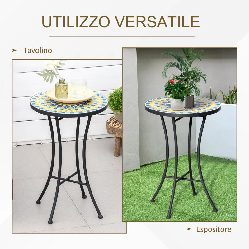 Outsunny Tavolino da Giardino in Metallo con Piano d'Appoggio a Mosaico, Ф35.5x53.5cm