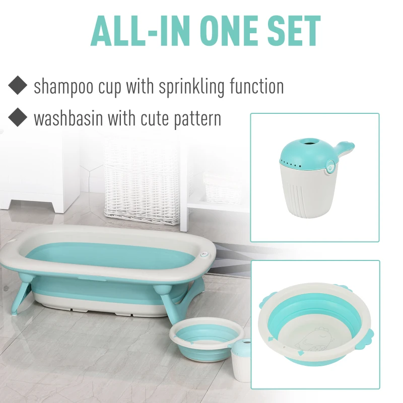 HOMCOM 3 in 1 Collapsible Baby Bath Tub Set Folding Kids Tub Wash Basin Shampoo Cup Non-Slip Support Leg for 0-3 Years, Green