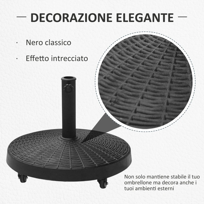 Outsunny Base per Ombrellone da Giardino Rotonda a 4 Ruote con Freni, Basamento per Ombrellone in Metallo e Resina, per Pali di Ombrelloni da Ø38/48 mm, Ø52x41 cm, Nero