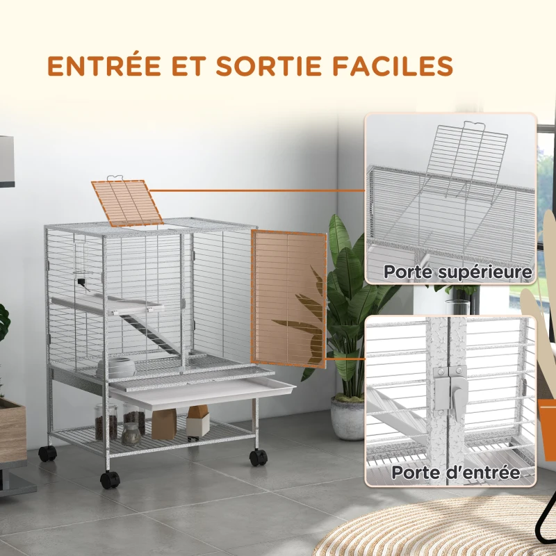 PawHut Cage pour petits animaux sur roulettes 2 niveaux avec 2 portes, 1 rampe, 1 étagère de rangement 61,5 x 44,5 x 86 cm gris