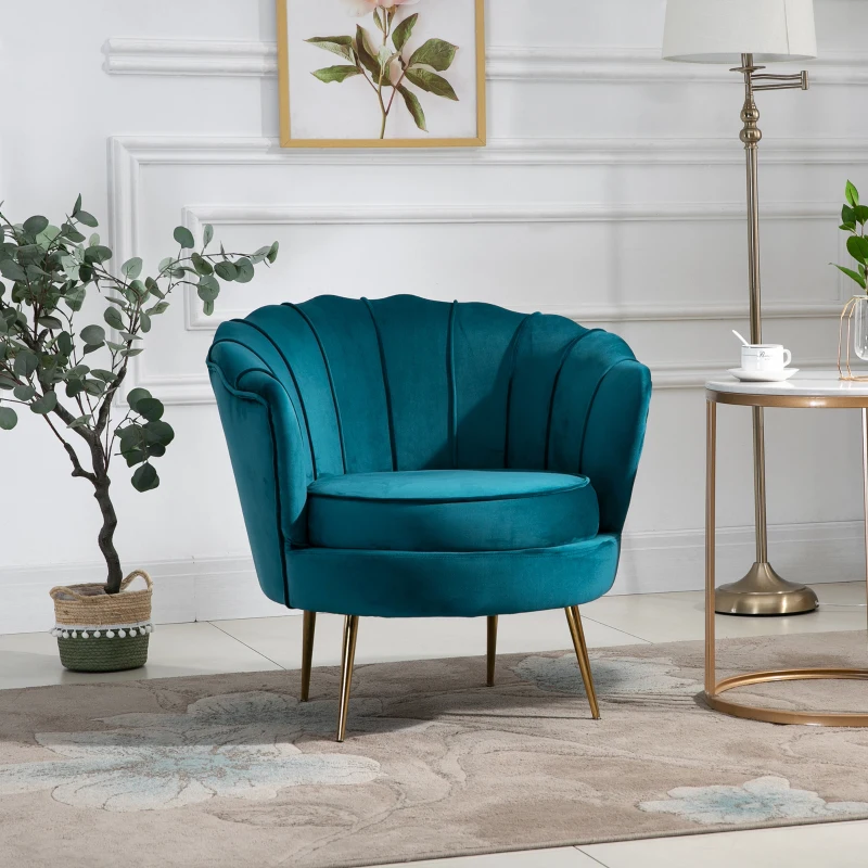 HOMCOM Poltrona di Design Stile Vintage Imbottita in Velluto, 79x77x77cm, Verde Petrolio