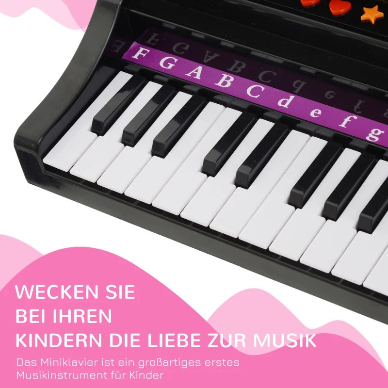 HOMCOM Keyboard Kinder mit 37 Tasten, Hocker Klavier mit Mikrofon, LED-Lehrmodus, Aufnahme, Piano Musikinstrument für 3-6 Jahre Kinder Schwarz