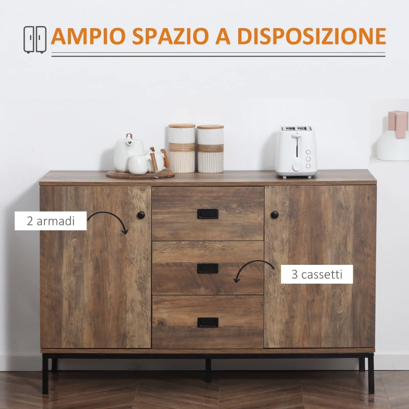 HOMCOM Credenza Moderna in Truciolato e Metallo con 2 Armadietti a 2 Ante con Ripiani e 3 Cassetti, 120x39.5x77 cm